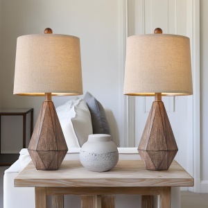 PoKat Farmhouse Table Lamp for Living Room Bedroom Bedside Lamp with Linen Fabric Shade and Rotary Switch, Rustic Nightstand Lamp