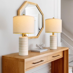 PoKat Ceramic Table Lamp for Bedroom Farmhouse Nightstand Lamp with Linen Fabric Shade and Rotary Switch, Rustic Bedside Lamp